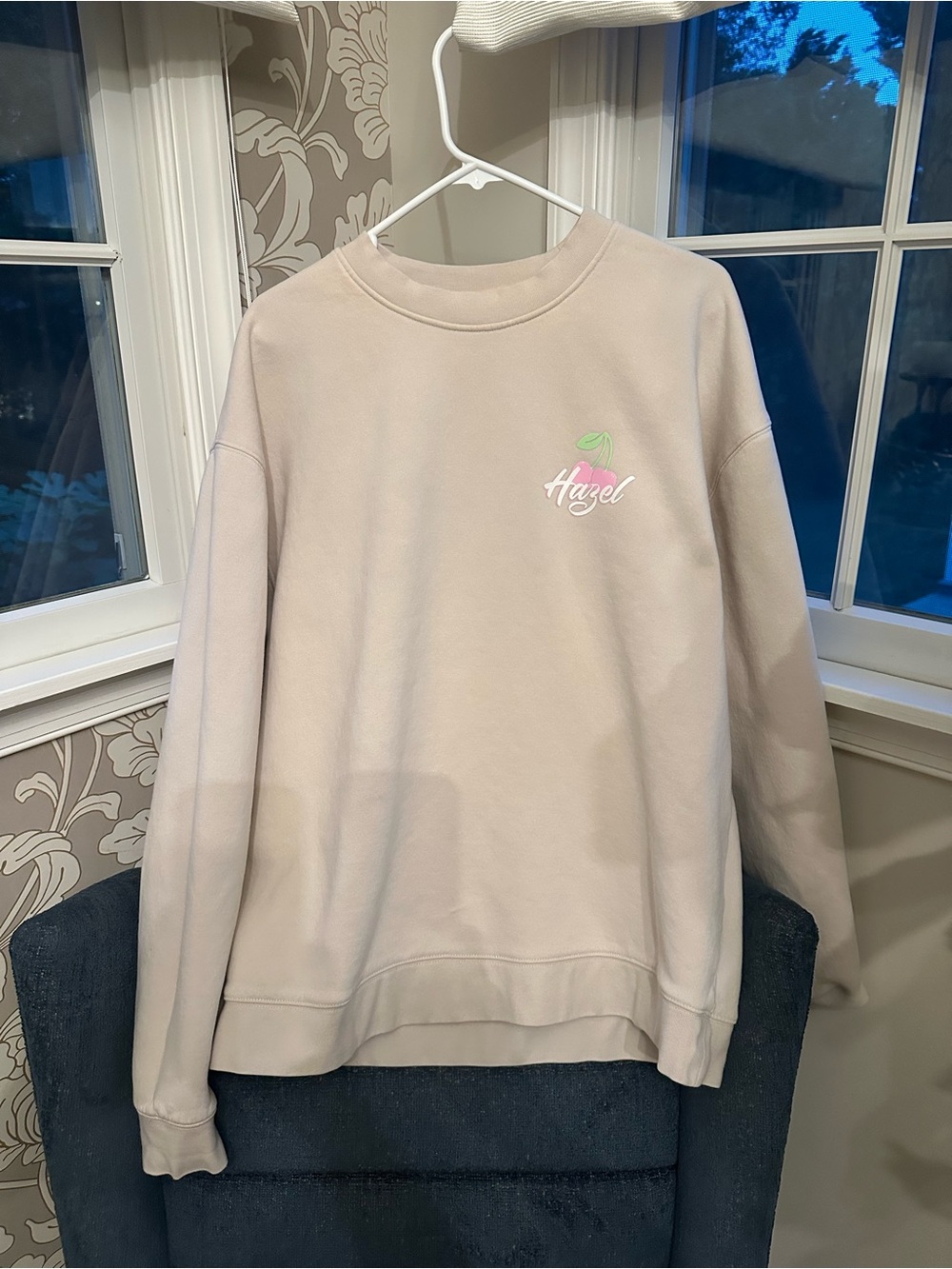 Hazel Neutral Beige Crewneck Sweatshirt with Pink Cherry Logo XL